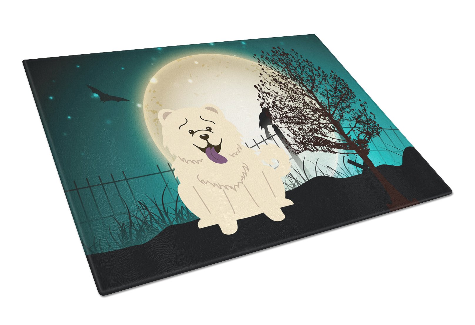 Halloween Scary Chow Chow White Cutting Board Tempered Glass Kitchen Cutting Surface, Heat Resistant Chopping, Non-Slip Feet, Food Prep & Serving