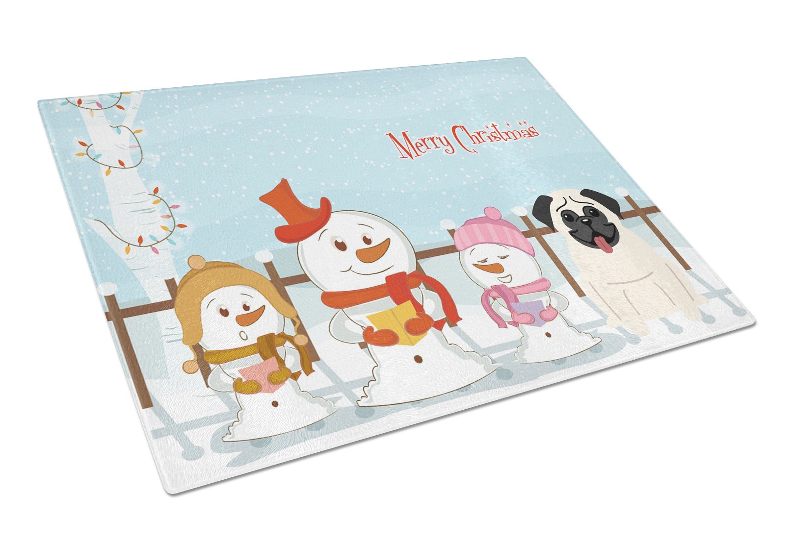 Merry Christmas Carolers Pug Cream Cutting Board Tempered Glass Kitchen Cutting Surface, Heat Resistant Chopping, Non-Slip Feet, Food Prep & Serving