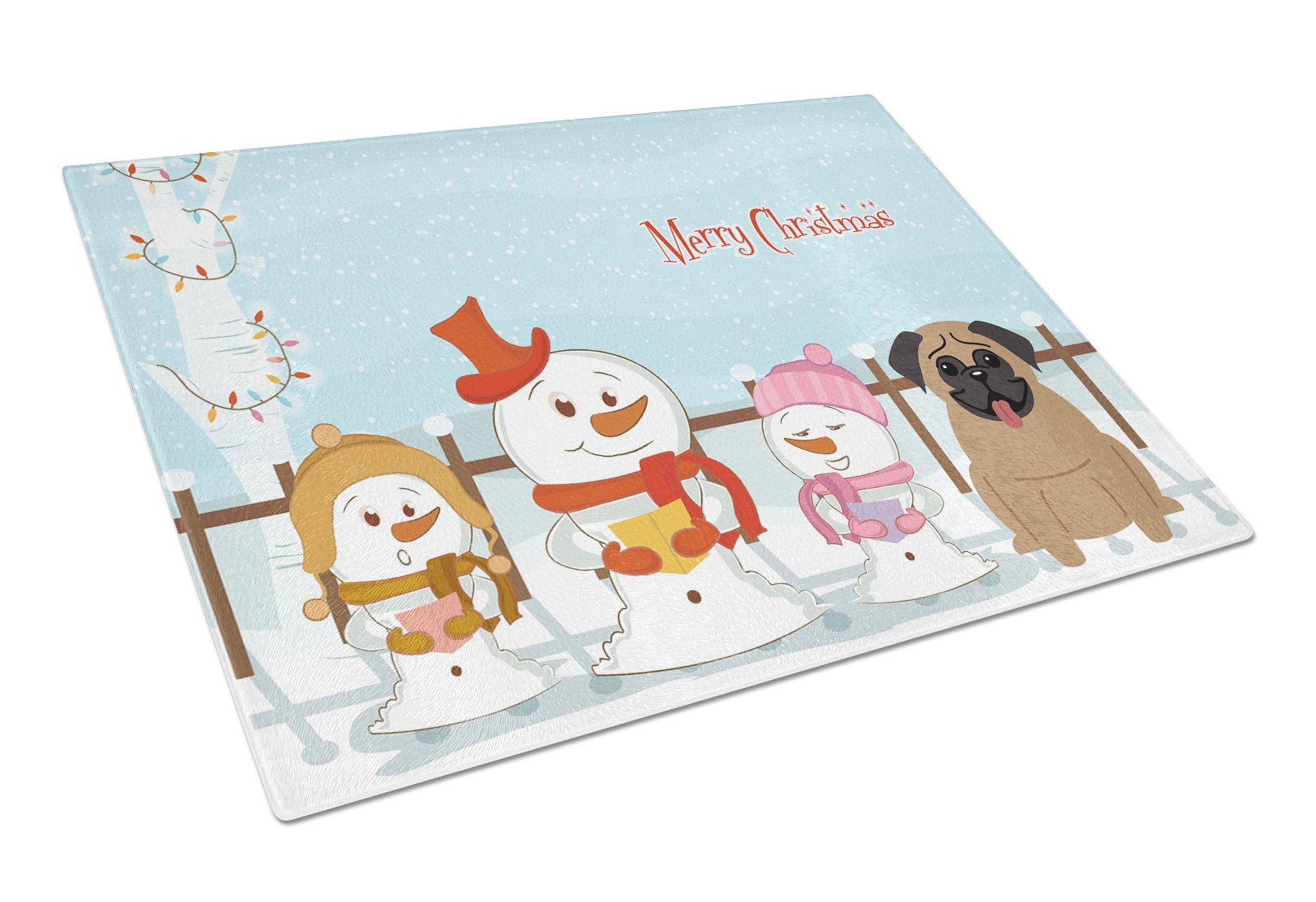 Merry Christmas Carolers Pug Brown Cutting Board Tempered Glass Kitchen Cutting Surface, Heat Resistant Chopping, Non-Slip Feet, Food Prep & Serving