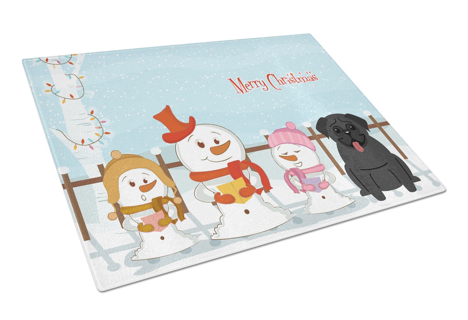 Merry Christmas Carolers Pug Black Cutting Board Tempered Glass Kitchen Cutting Surface, Heat Resistant Chopping, Non-Slip Feet, Food Prep & Serving