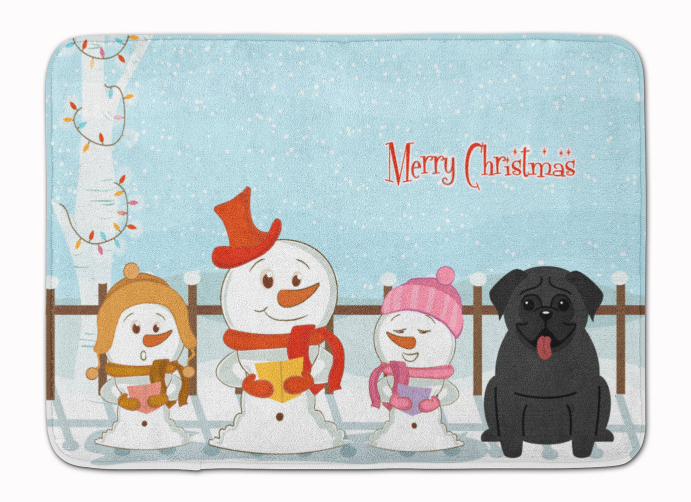 Merry Christmas Carolers Pug Black Memory Foam Kitchen Mat Machine Washable Anti-Fatigue Cushion Comfort Bath or Kitchen Rug