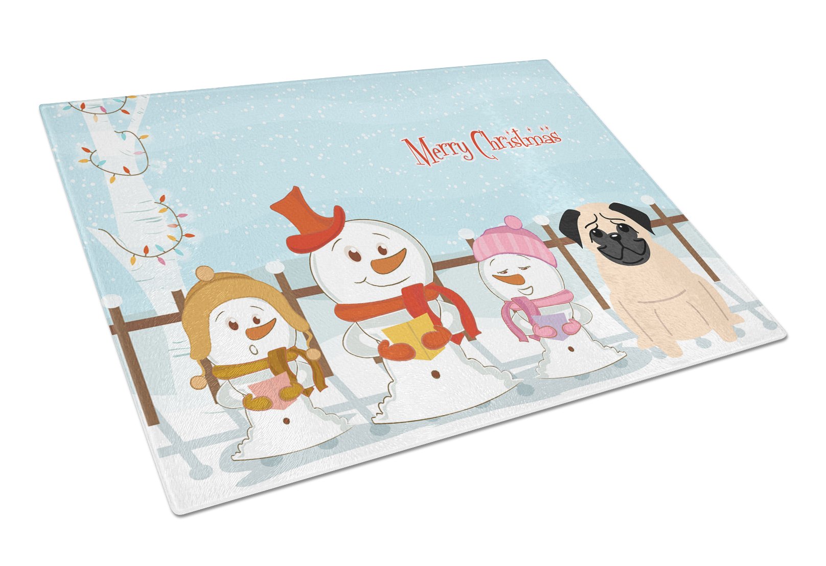 Merry Christmas Carolers Pug Fawn Cutting Board Tempered Glass Kitchen Cutting Surface, Heat Resistant Chopping, Non-Slip Feet, Food Prep & Serving