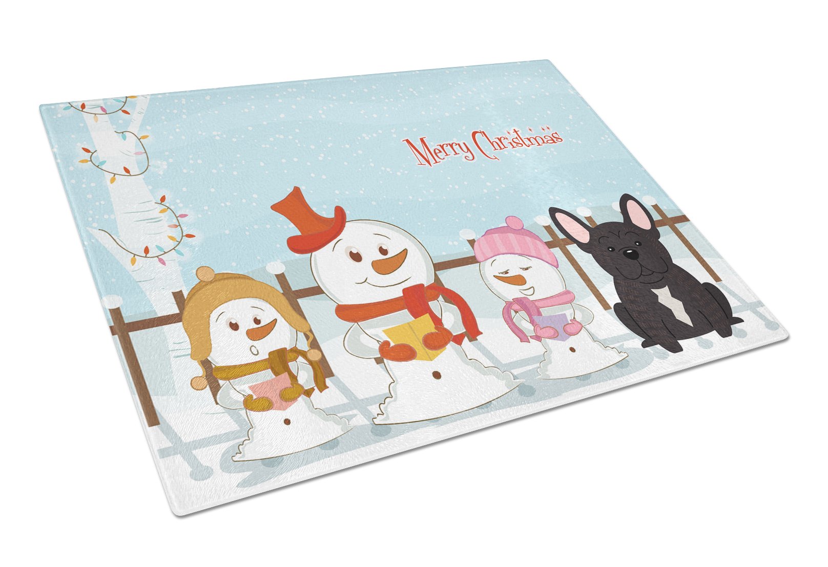 Merry Christmas Carolers French Bulldog Brindle Cutting Board Tempered Glass Kitchen Cutting Surface, Heat Resistant Chopping, Non-Slip Feet, Food Prep & Serving