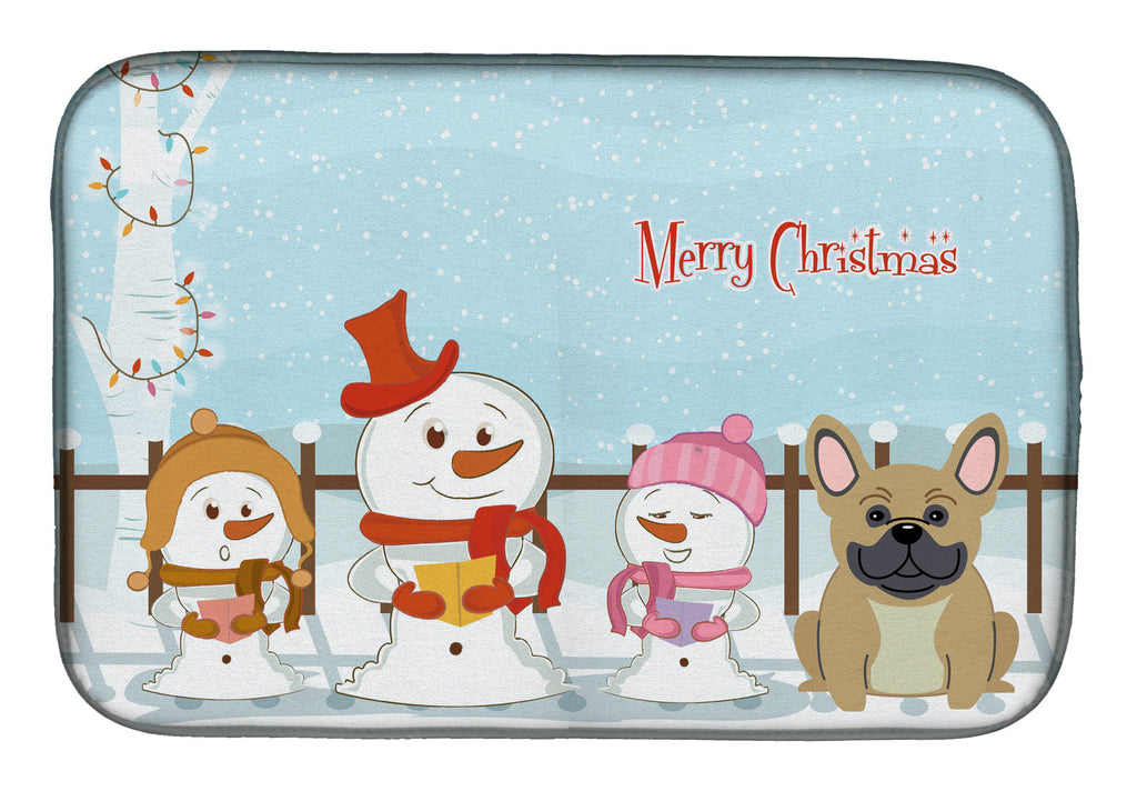 Merry Christmas Carolers French Bulldog Cream Dish Drying Mat Absorbent Dish Drying Mat Pad for Kitchen Counter Dish Drainer Mat for Countertop, 14 x 21", Multicolor