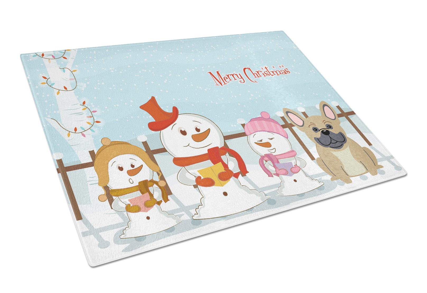 Merry Christmas Carolers French Bulldog Cream Cutting Board Tempered Glass Kitchen Cutting Surface, Heat Resistant Chopping, Non-Slip Feet, Food Prep & Serving