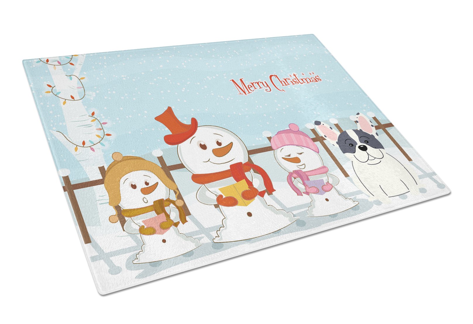 Merry Christmas Carolers French Bulldog Piebald Cutting Board Tempered Glass Kitchen Cutting Surface, Heat Resistant Chopping, Non-Slip Feet, Food Prep & Serving