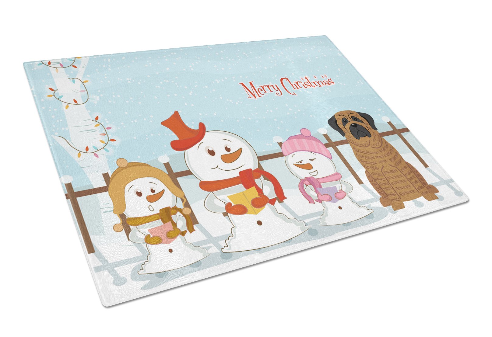 Merry Christmas Carolers Mastiff Brindle Cutting Board Tempered Glass Kitchen Cutting Surface, Heat Resistant Chopping, Non-Slip Feet, Food Prep & Serving