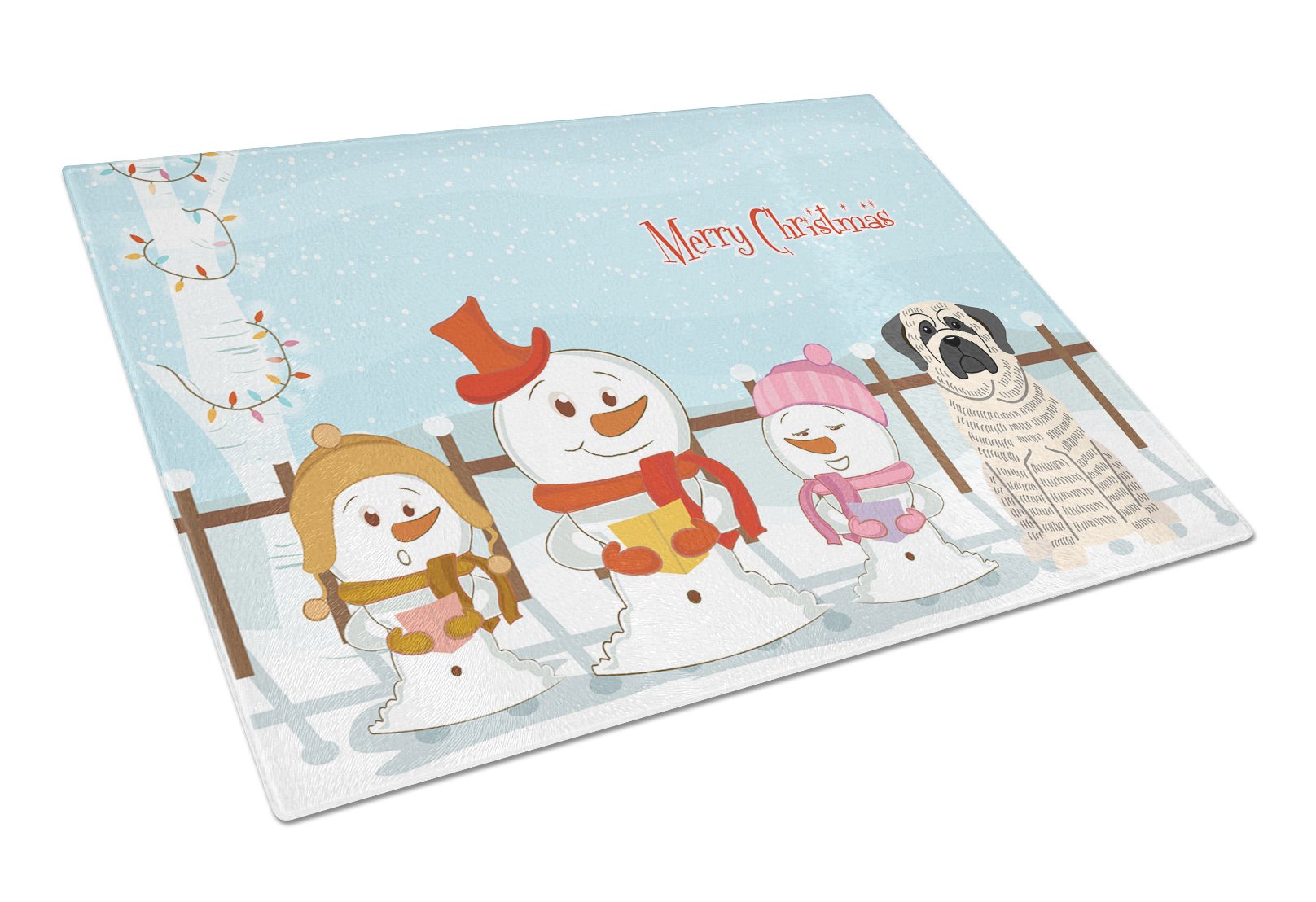 Merry Christmas Carolers Mastiff Brindle White Cutting Board Tempered Glass Kitchen Cutting Surface, Heat Resistant Chopping, Non-Slip Feet, Food Prep & Serving