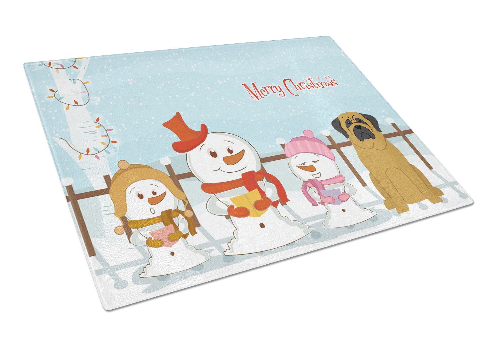 Merry Christmas Carolers Mastiff Cutting Board Tempered Glass Kitchen Cutting Surface, Heat Resistant Chopping, Non-Slip Feet, Food Prep & Serving