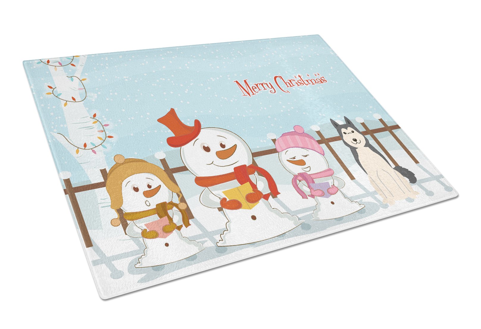 Merry Christmas Carolers West Siberian Laika Spitz Cutting Board Tempered Glass Kitchen Cutting Surface, Heat Resistant Chopping, Non-Slip Feet, Food Prep & Serving