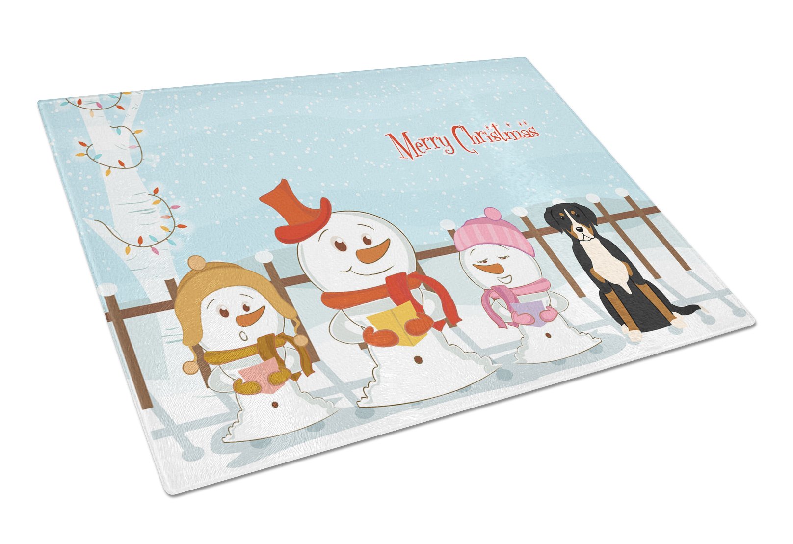 Merry Christmas Carolers Greater Swiss Mountain Dog Cutting Board Tempered Glass Kitchen Cutting Surface, Heat Resistant Chopping, Non-Slip Feet, Food Prep & Serving