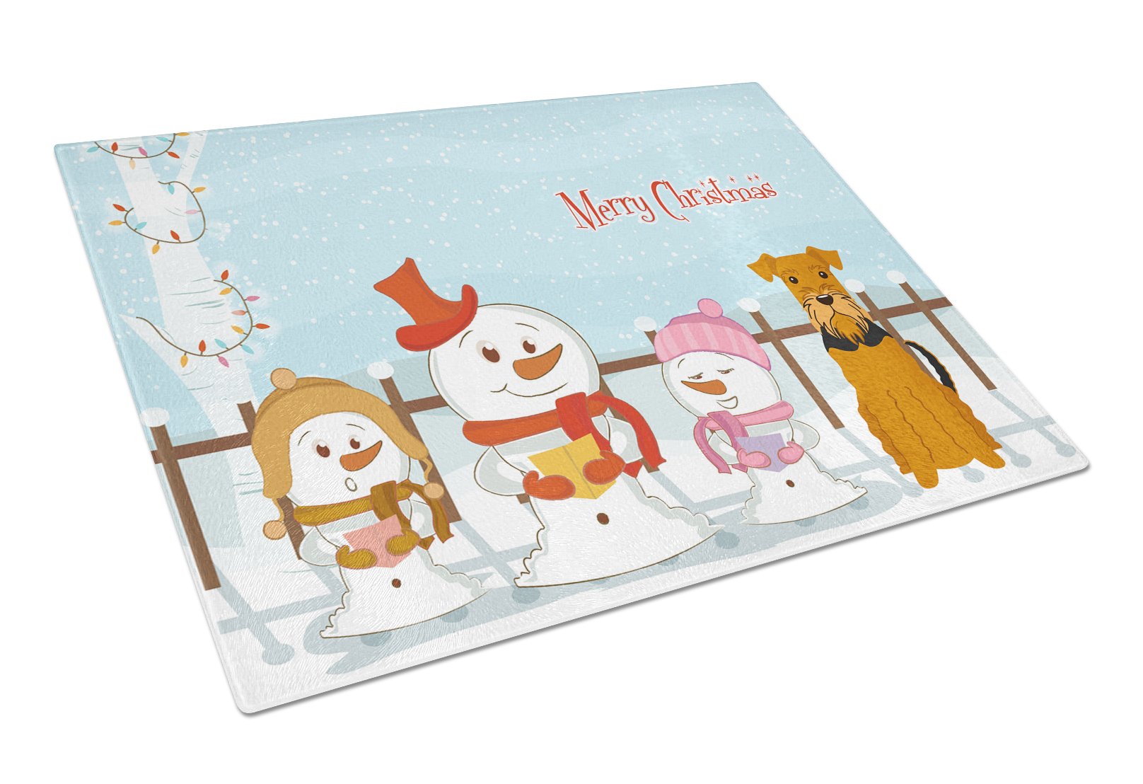 Merry Christmas Carolers Airedale Cutting Board Tempered Glass Kitchen Cutting Surface, Heat Resistant Chopping, Non-Slip Feet, Food Prep & Serving