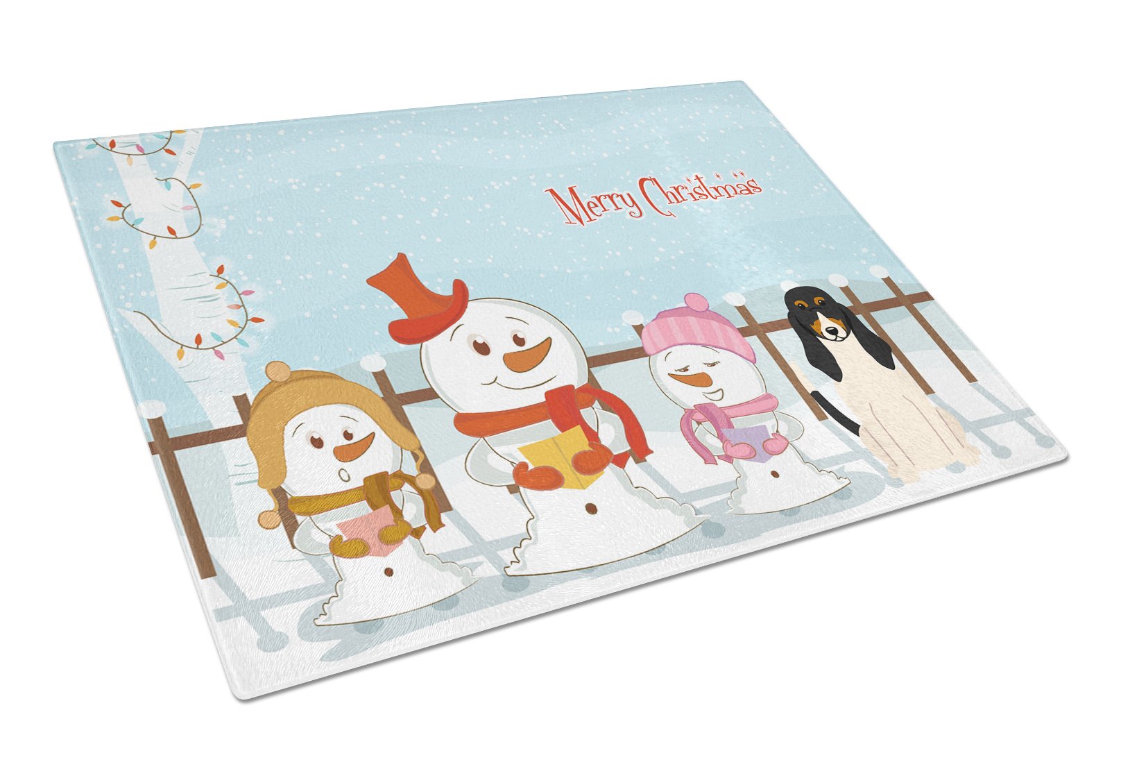 Merry Christmas Carolers Swiss Hound Cutting Board Tempered Glass Kitchen Cutting Surface, Heat Resistant Chopping, Non-Slip Feet, Food Prep & Serving