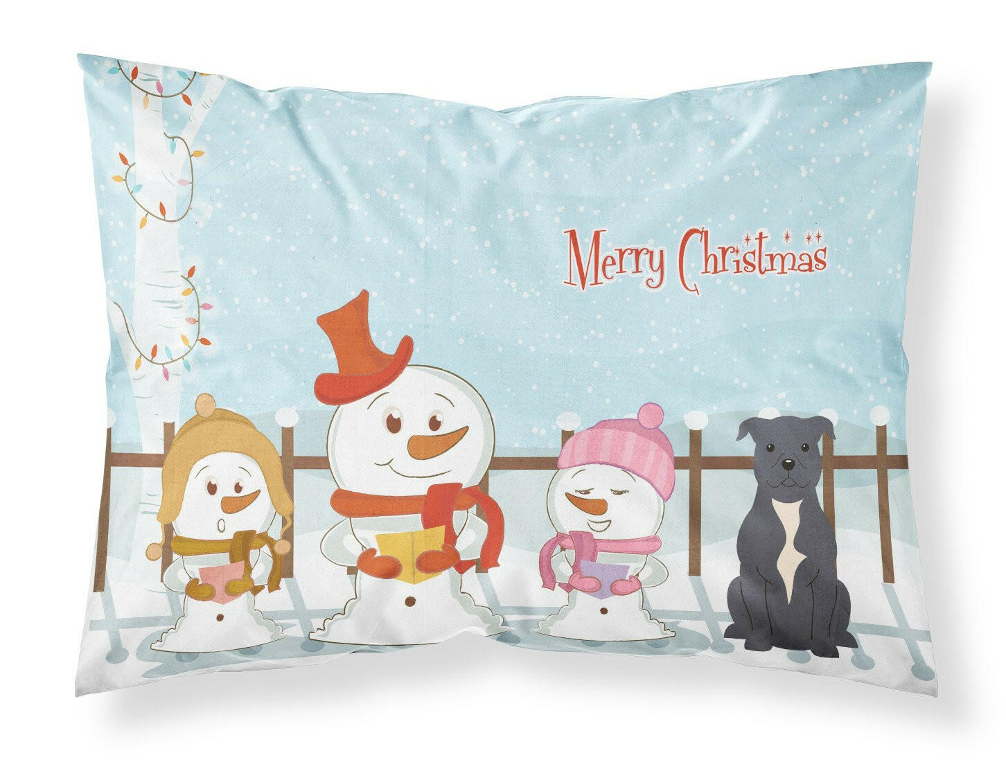 Merry Christmas Carolers Staffordshire Bull Terrier Blue Standard Pillowcase Lightweight Super Soft Easy Care Decorative Artwork Pillowcase, Standard