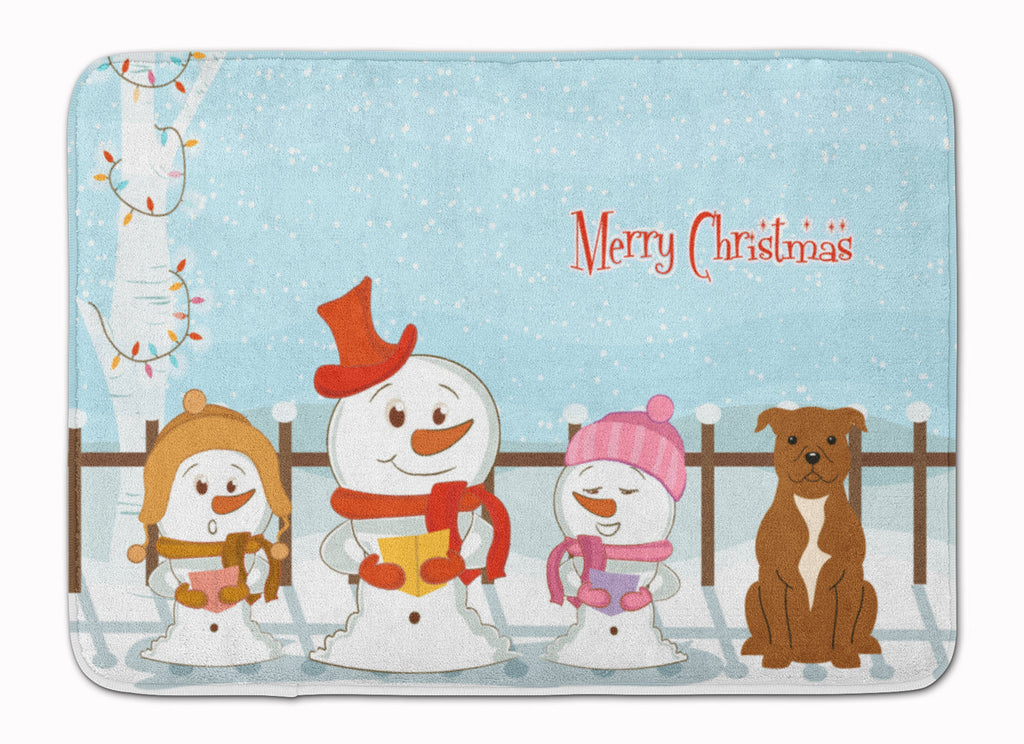 Merry Christmas Carolers Staffordshire Bull Terrier Brown Memory Foam Kitchen Mat Machine Washable Anti-Fatigue Cushion Comfort Bath or Kitchen Rug