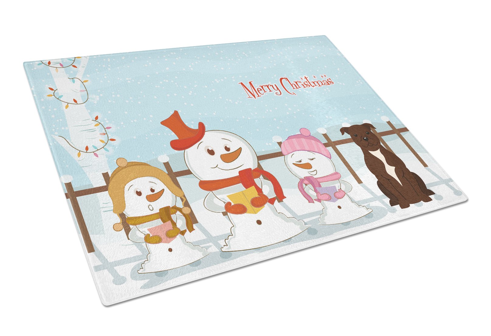 Merry Christmas Carolers Staffordshire Bull Terrier Chocolate Cutting Board Tempered Glass Kitchen Cutting Surface, Heat Resistant Chopping, Non-Slip Feet, Food Prep & Serving