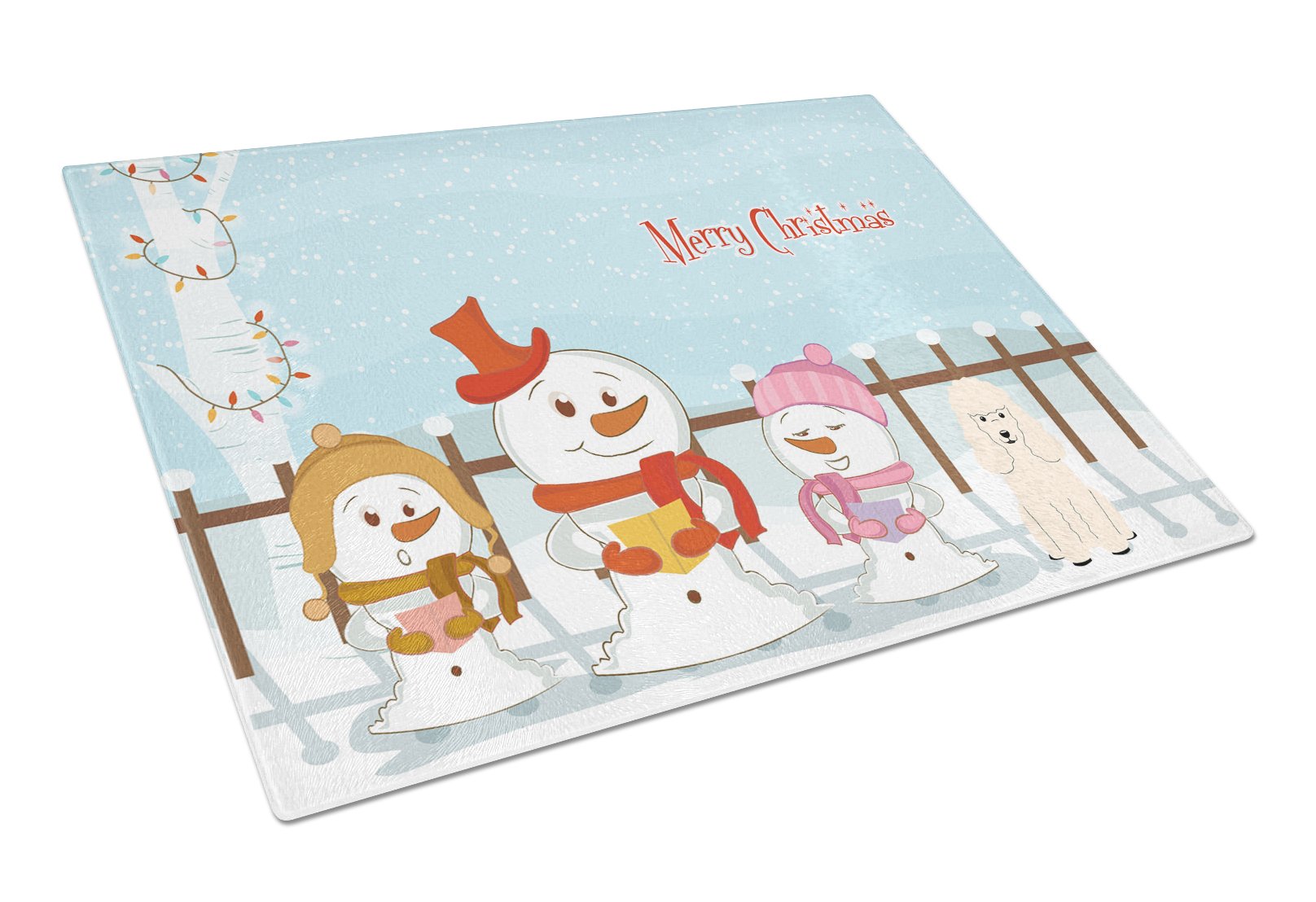 Merry Christmas Carolers Poodle White Cutting Board Tempered Glass Kitchen Cutting Surface, Heat Resistant Chopping, Non-Slip Feet, Food Prep & Serving