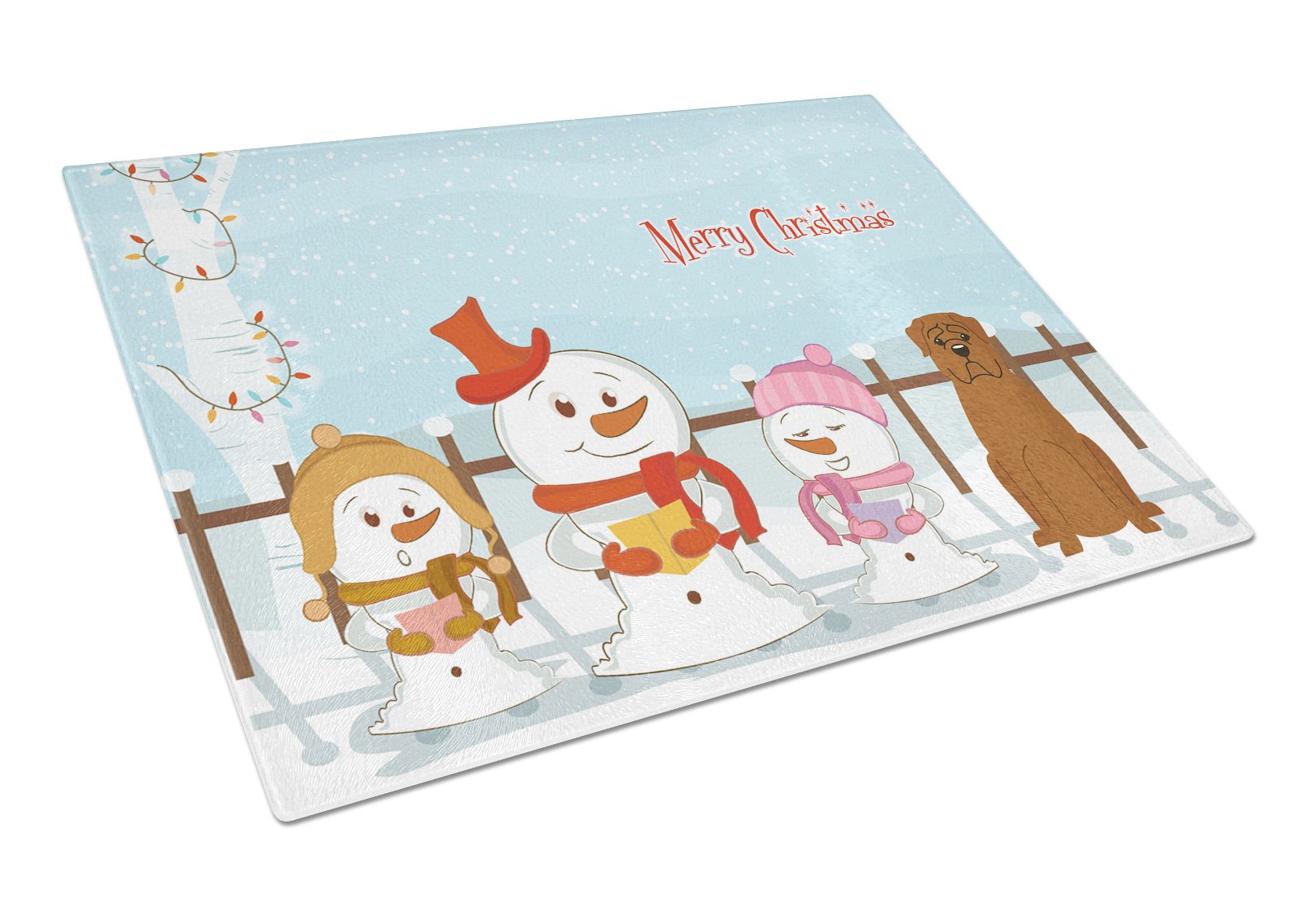 Merry Christmas Carolers Dogue de Bourdeaux Cutting Board Tempered Glass Kitchen Cutting Surface, Heat Resistant Chopping, Non-Slip Feet, Food Prep & Serving