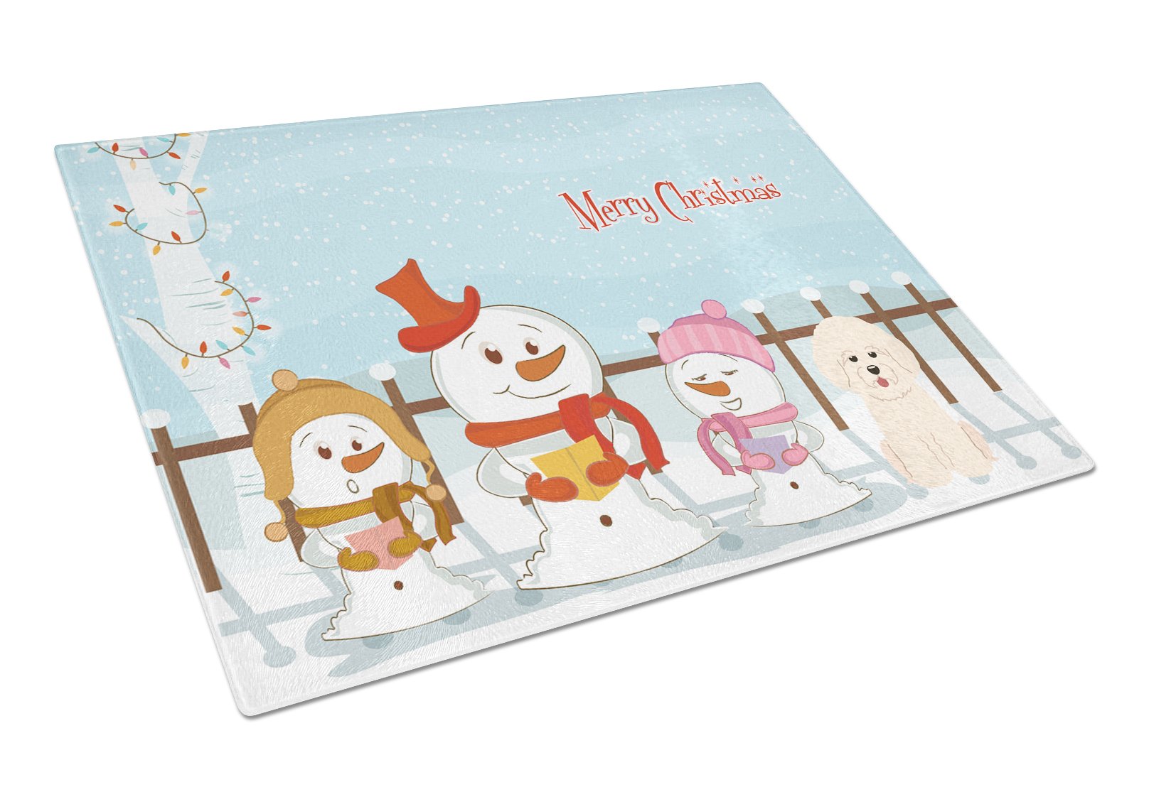 Merry Christmas Carolers Bichon Frise Cutting Board Tempered Glass Kitchen Cutting Surface, Heat Resistant Chopping, Non-Slip Feet, Food Prep & Serving