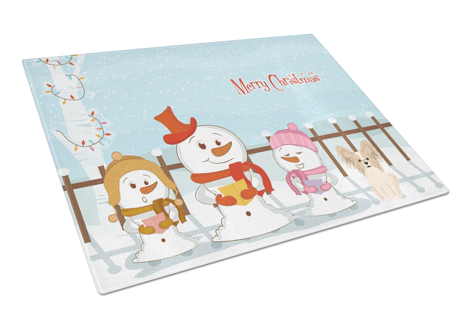 Merry Christmas Carolers Papillon Sable White Cutting Board Tempered Glass Kitchen Cutting Surface, Heat Resistant Chopping, Non-Slip Feet, Food Prep & Serving