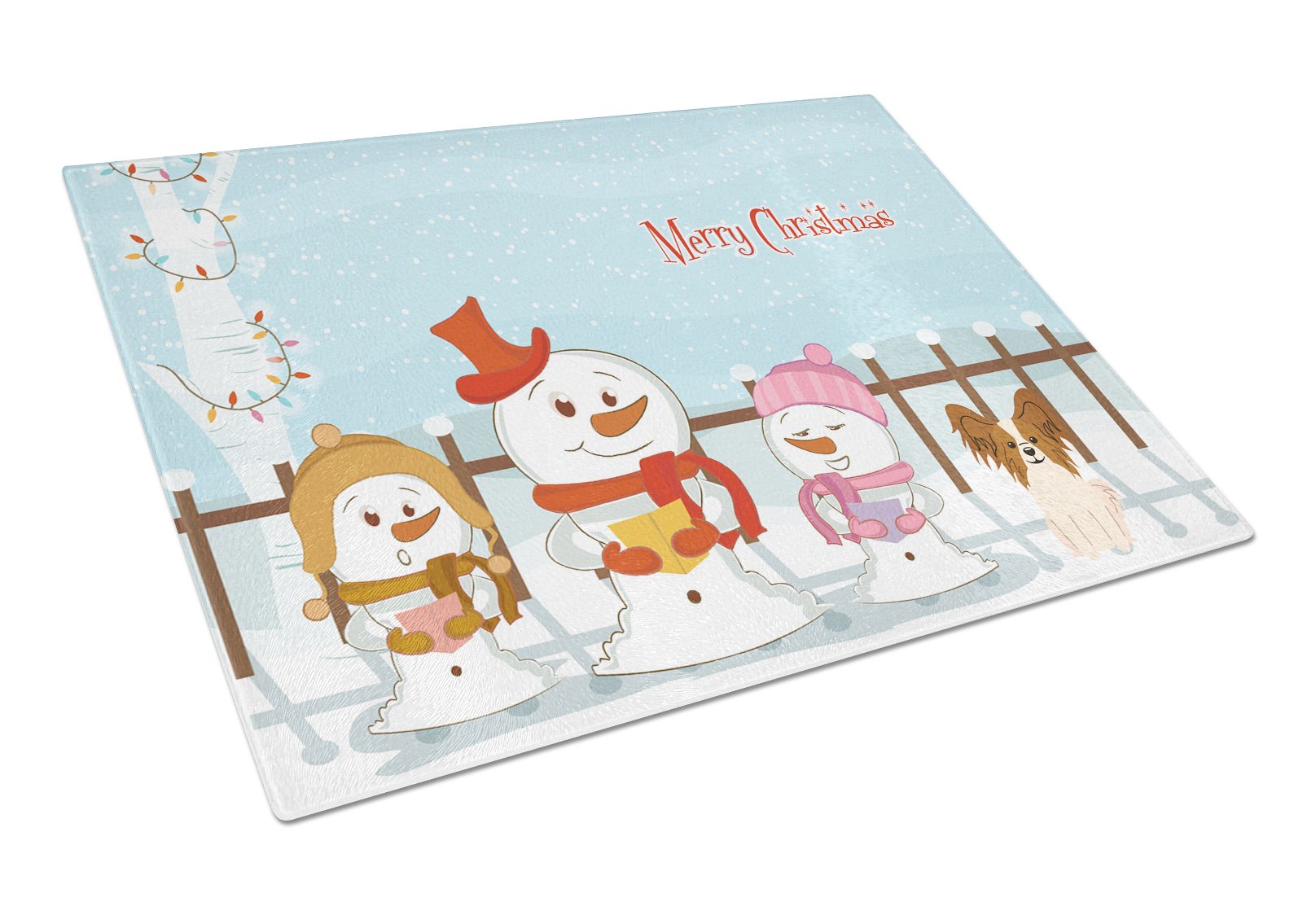 Merry Christmas Carolers Papillon Red White Cutting Board Tempered Glass Kitchen Cutting Surface, Heat Resistant Chopping, Non-Slip Feet, Food Prep & Serving
