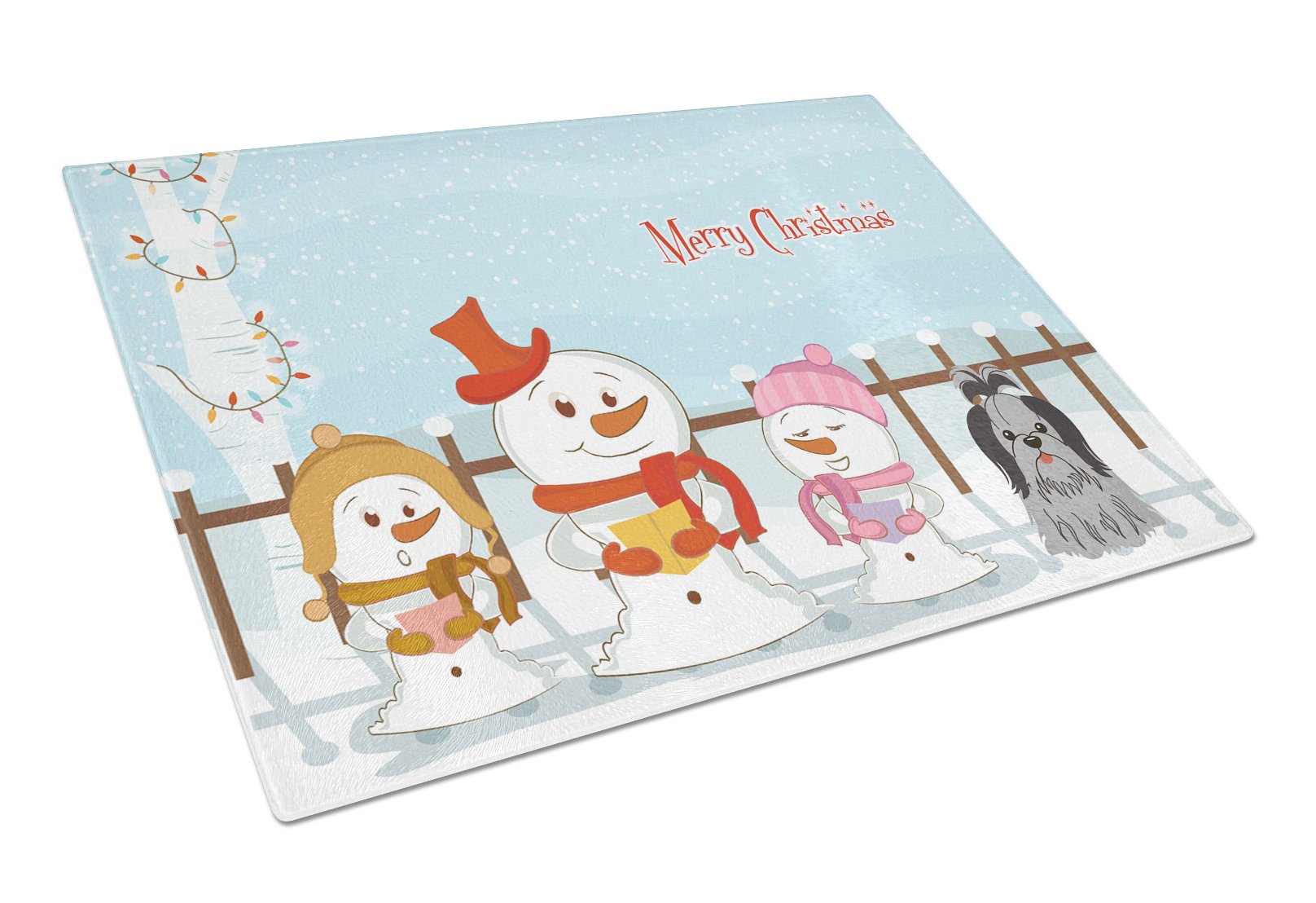 Merry Christmas Carolers Shih Tzu Black Silver Cutting Board Tempered Glass Kitchen Cutting Surface, Heat Resistant Chopping, Non-Slip Feet, Food Prep & Serving
