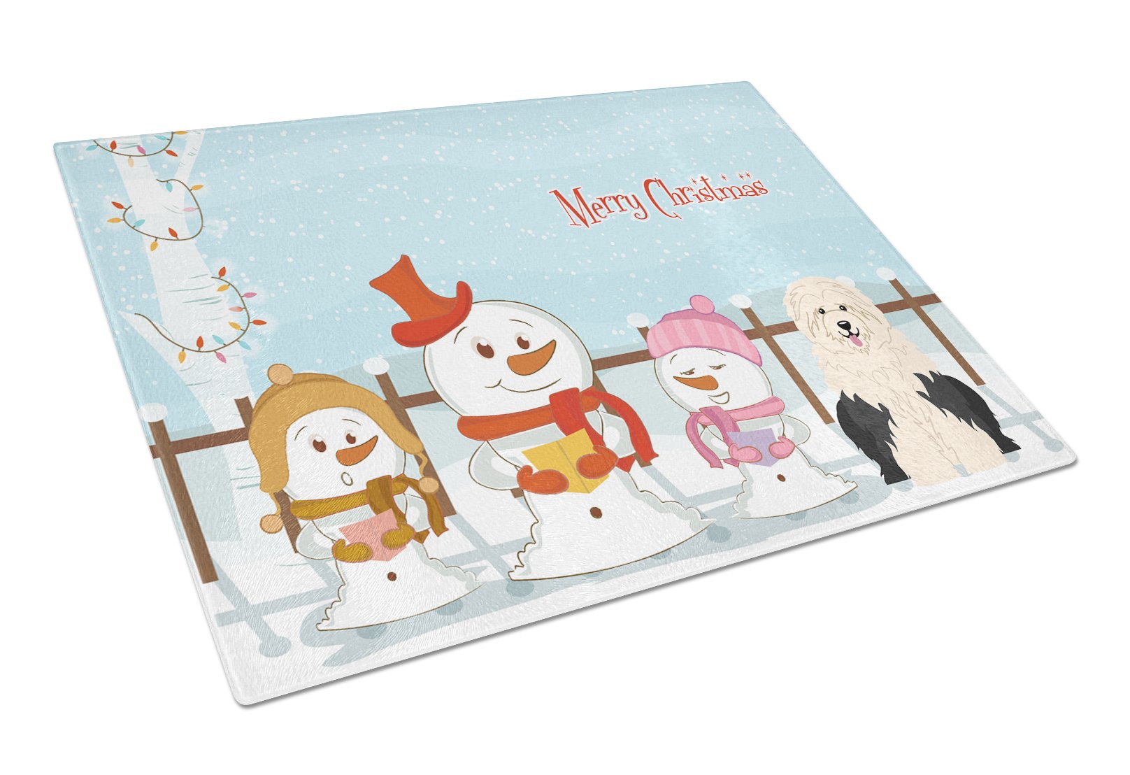 Merry Christmas Carolers Old English Sheepdog Cutting Board Tempered Glass Kitchen Cutting Surface, Heat Resistant Chopping, Non-Slip Feet, Food Prep & Serving