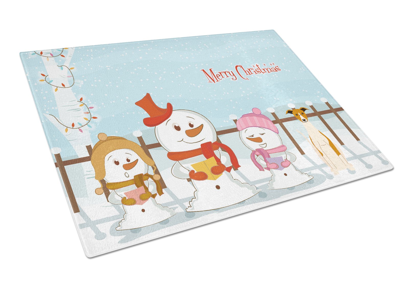 Merry Christmas Carolers Whippet Cutting Board Tempered Glass Kitchen Cutting Surface, Heat Resistant Chopping, Non-Slip Feet, Food Prep & Serving