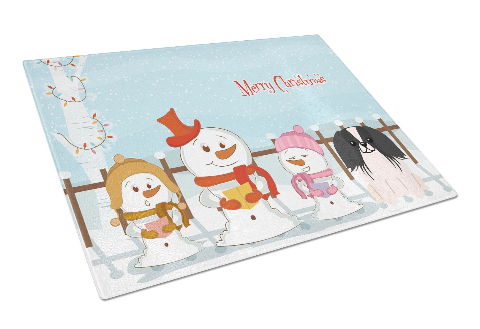 Merry Christmas Carolers Pekingese Black White Cutting Board Tempered Glass Kitchen Cutting Surface, Heat Resistant Chopping, Non-Slip Feet, Food Prep & Serving