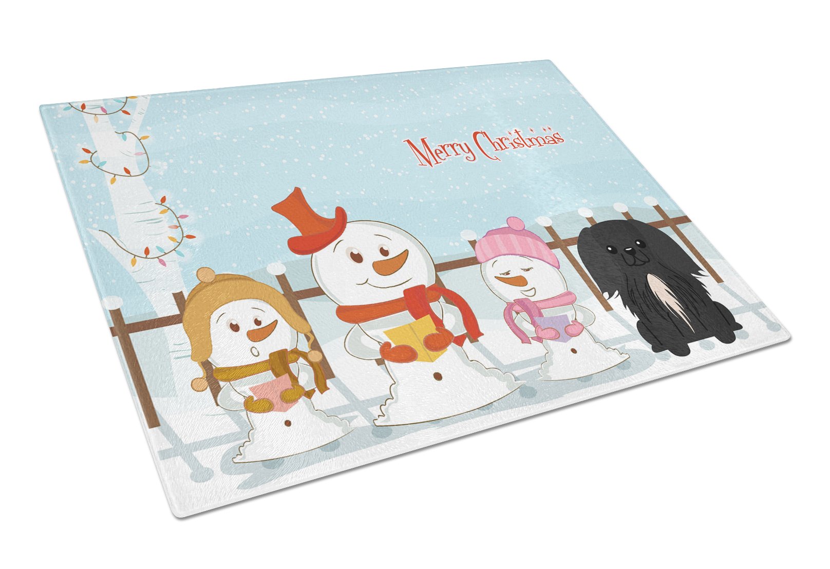 Merry Christmas Carolers Pekingese Black Cutting Board Tempered Glass Kitchen Cutting Surface, Heat Resistant Chopping, Non-Slip Feet, Food Prep & Serving