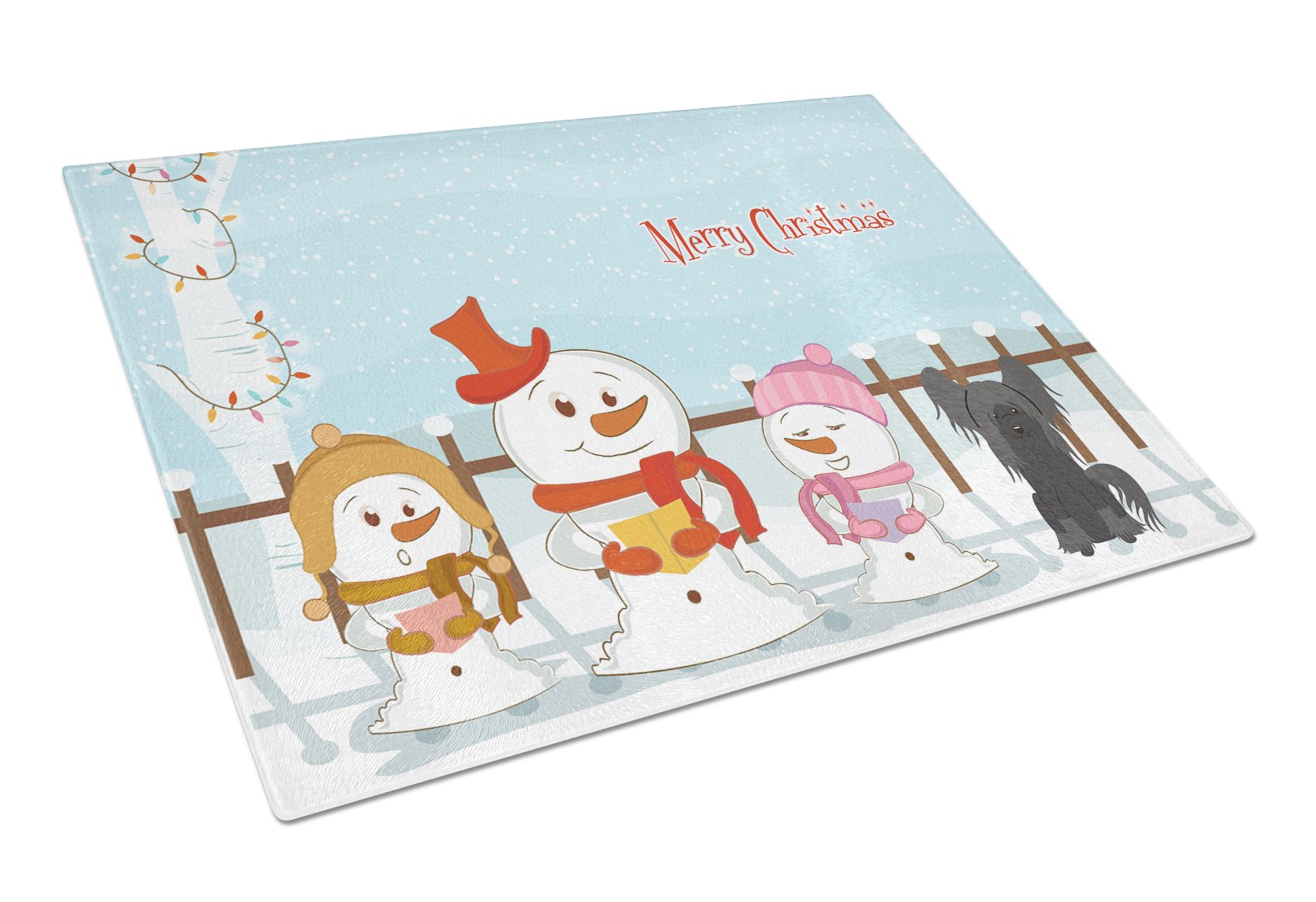 Merry Christmas Carolers Chinese Crested Black Cutting Board Tempered Glass Kitchen Cutting Surface, Heat Resistant Chopping, Non-Slip Feet, Food Prep & Serving