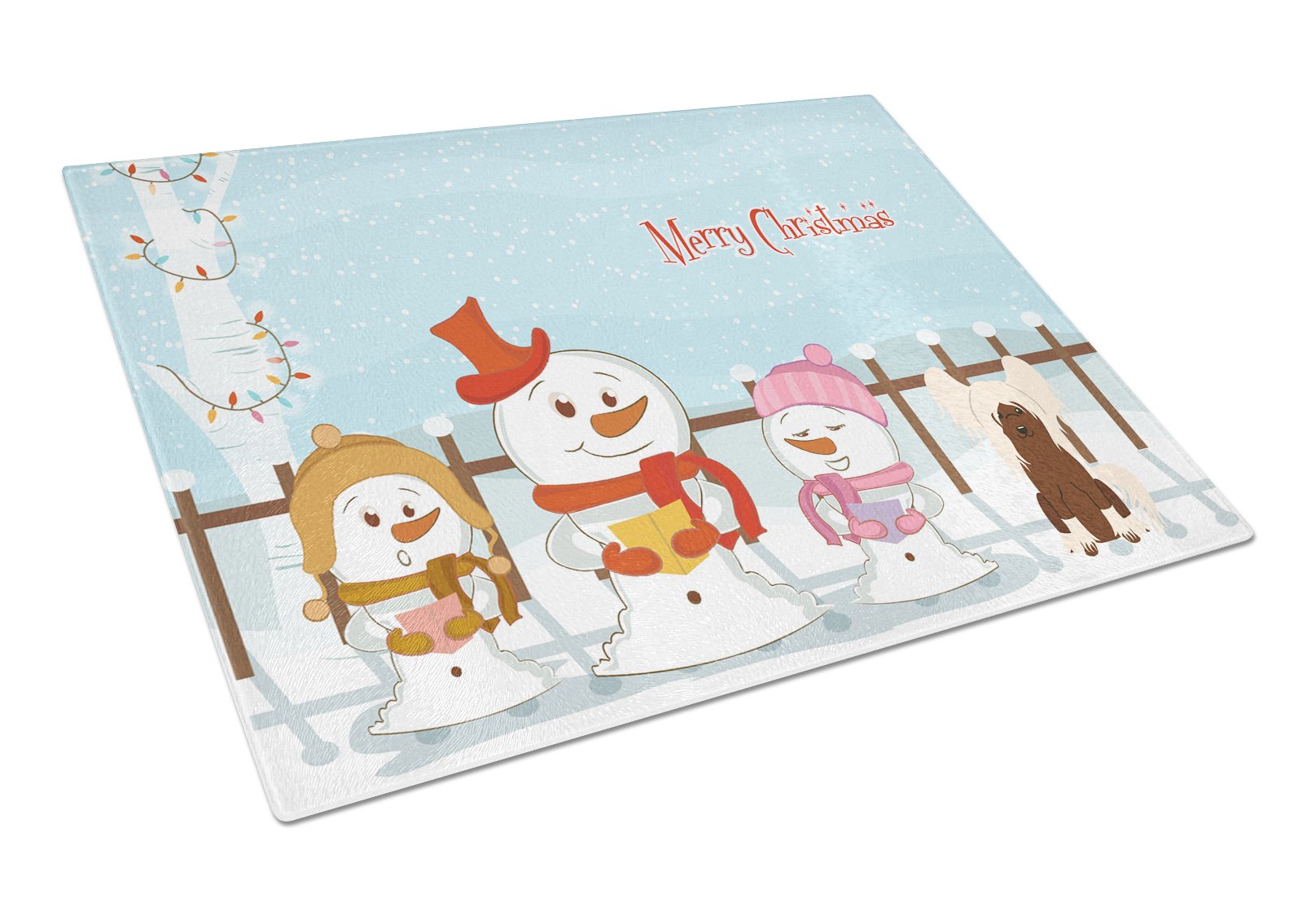 Merry Christmas Carolers Chinese Crested Cream Cutting Board Tempered Glass Kitchen Cutting Surface, Heat Resistant Chopping, Non-Slip Feet, Food Prep & Serving