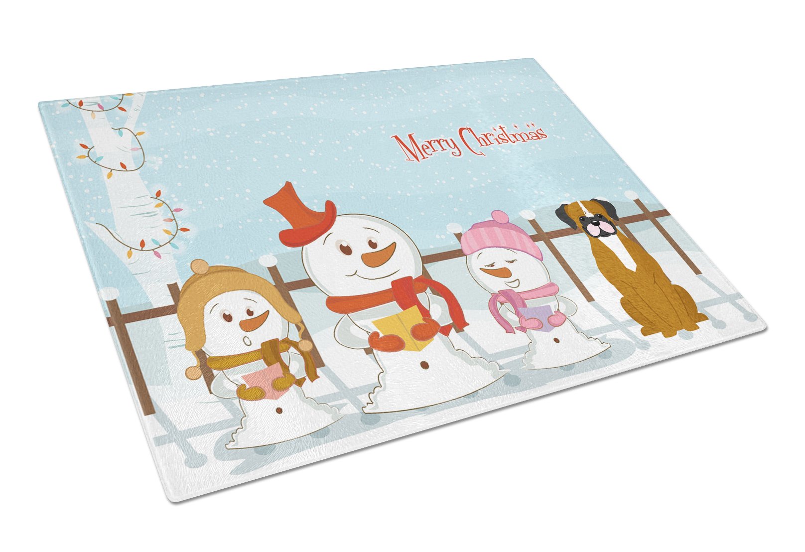 Merry Christmas Carolers Flashy Fawn Boxer Cutting Board Tempered Glass Kitchen Cutting Surface, Heat Resistant Chopping, Non-Slip Feet, Food Prep & Serving