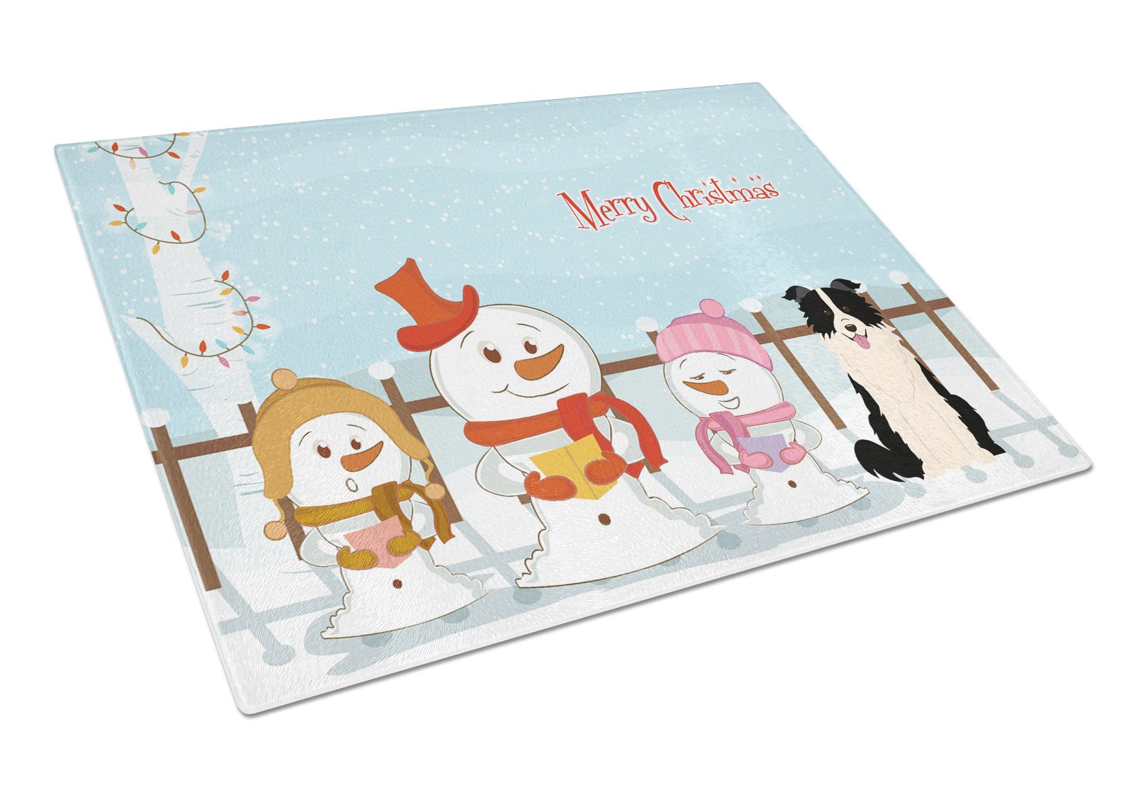 Merry Christmas Carolers Border Collie Black White Cutting Board Tempered Glass Kitchen Cutting Surface, Heat Resistant Chopping, Non-Slip Feet, Food Prep & Serving