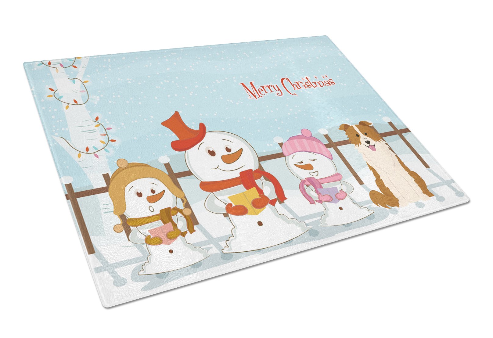 Merry Christmas Carolers Border Collie Red White Cutting Board Tempered Glass Kitchen Cutting Surface, Heat Resistant Chopping, Non-Slip Feet, Food Prep & Serving
