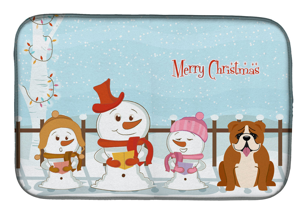 Merry Christmas Carolers English Bulldog Red White Dish Drying Mat Absorbent Dish Drying Mat Pad for Kitchen Counter Dish Drainer Mat for Countertop, 14 x 21", Multicolor
