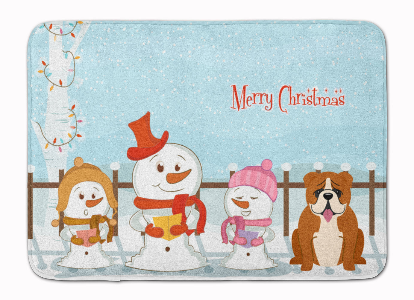 Merry Christmas Carolers English Bulldog Red White Memory Foam Kitchen Mat Machine Washable Anti-Fatigue Cushion Comfort Bath or Kitchen Rug