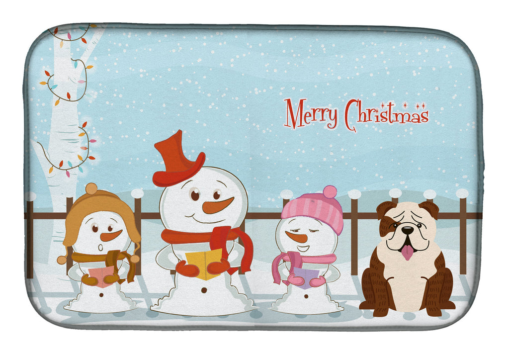Merry Christmas Carolers English Bulldog Brindle White Dish Drying Mat Absorbent Dish Drying Mat Pad for Kitchen Counter Dish Drainer Mat for Countertop, 14 x 21", Multicolor