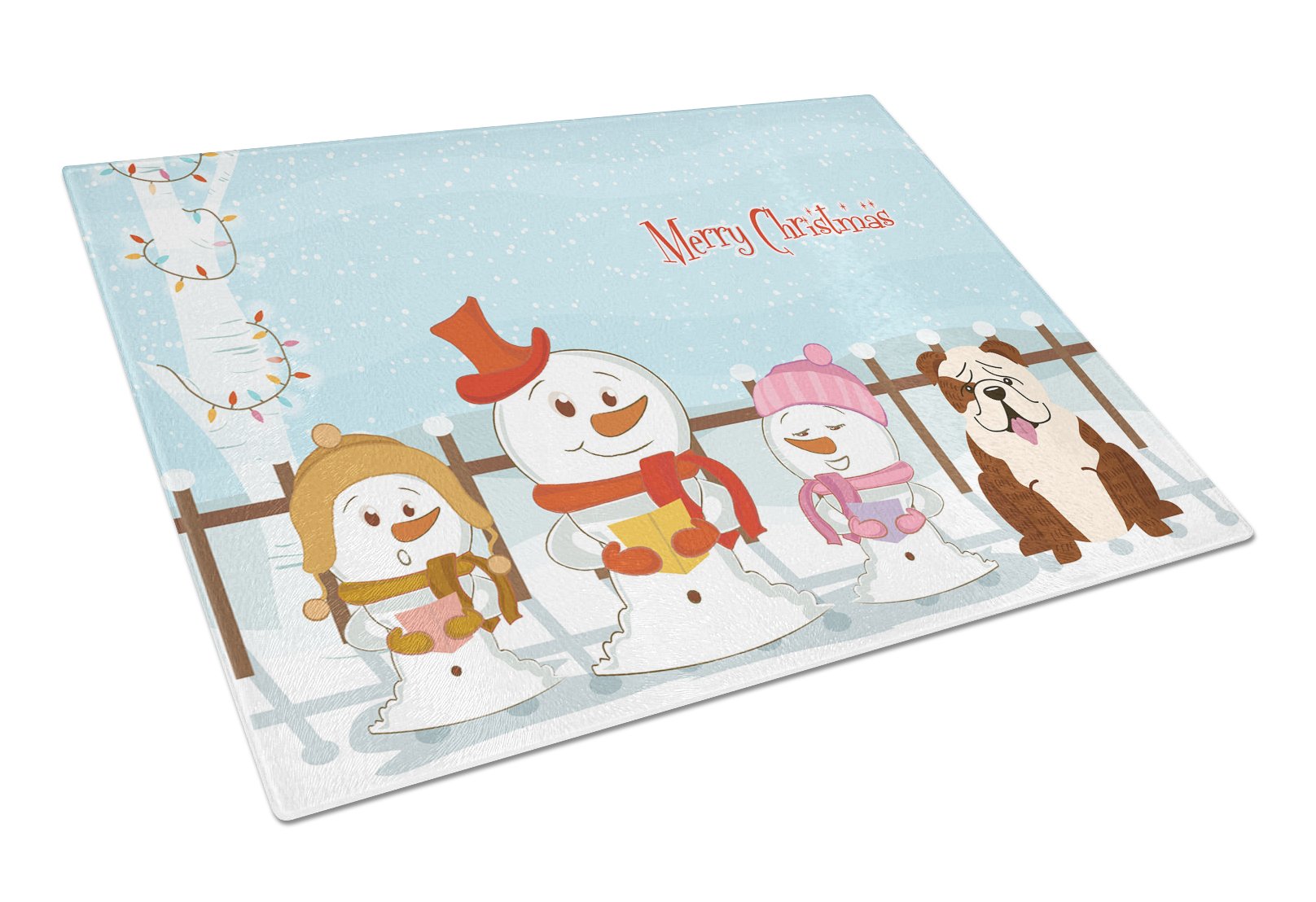 Merry Christmas Carolers English Bulldog Brindle White Cutting Board Tempered Glass Kitchen Cutting Surface, Heat Resistant Chopping, Non-Slip Feet, Food Prep & Serving