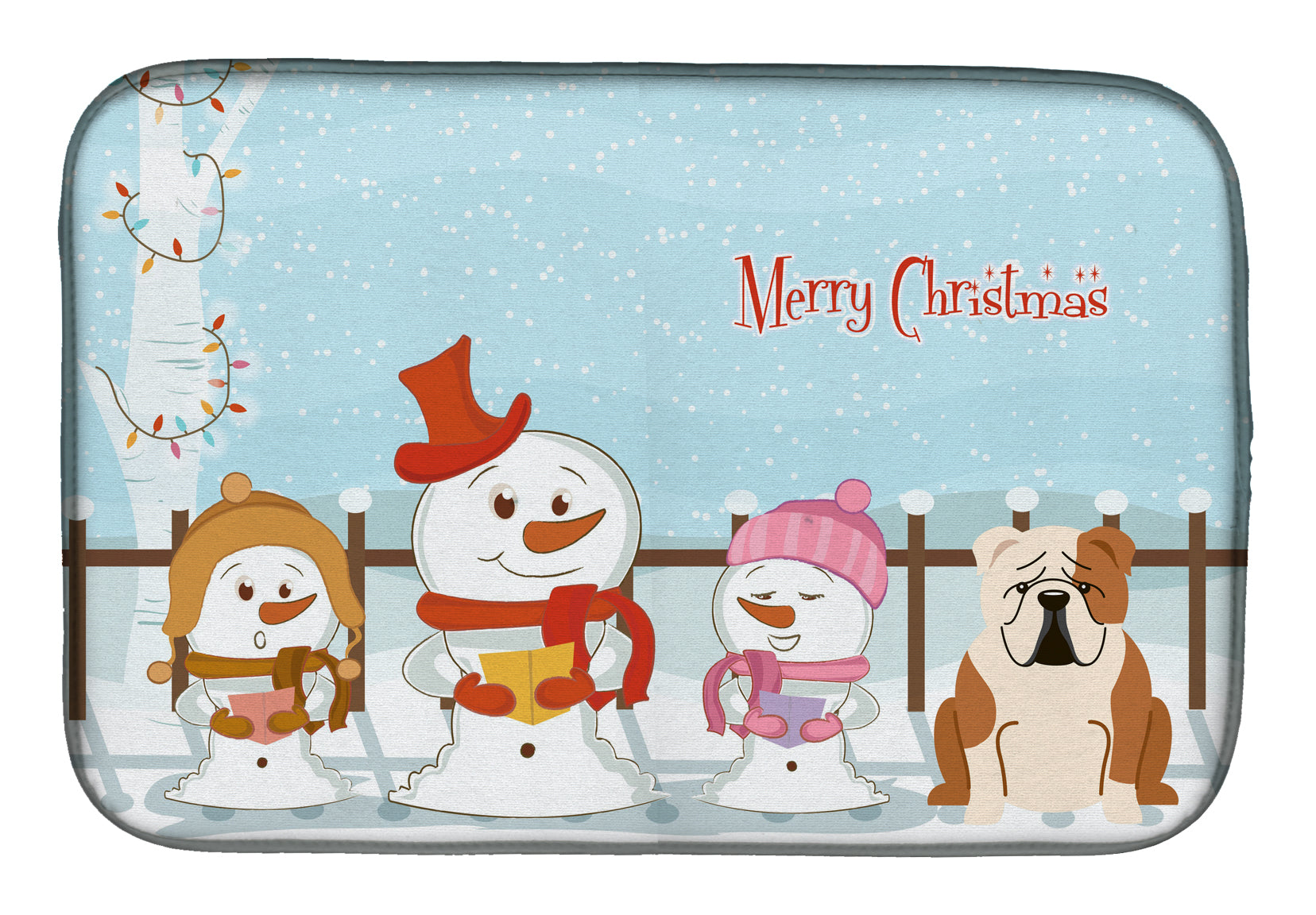 Merry Christmas Carolers English Bulldog Fawn White Dish Drying Mat Absorbent Dish Drying Mat Pad for Kitchen Counter Dish Drainer Mat for Countertop, 14 x 21", Multicolor