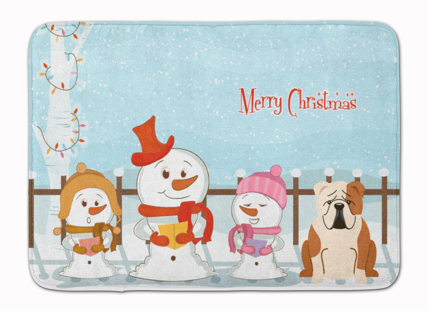 Merry Christmas Carolers English Bulldog Fawn White Memory Foam Kitchen Mat Machine Washable Anti-Fatigue Cushion Comfort Bath or Kitchen Rug
