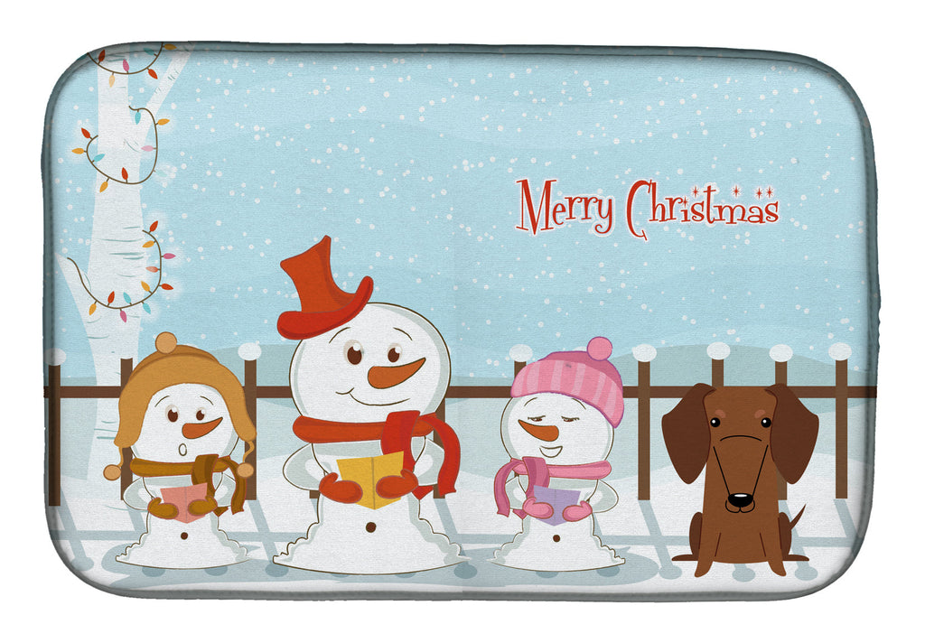 Merry Christmas Carolers Dachshund Red Brown Dish Drying Mat Absorbent Dish Drying Mat Pad for Kitchen Counter Dish Drainer Mat for Countertop, 14 x 21", Multicolor