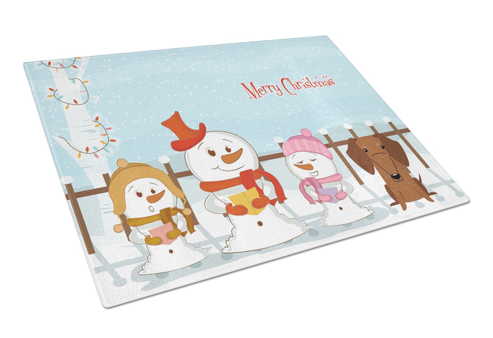 Merry Christmas Carolers Dachshund Red Brown Cutting Board Tempered Glass Kitchen Cutting Surface, Heat Resistant Chopping, Non-Slip Feet, Food Prep & Serving