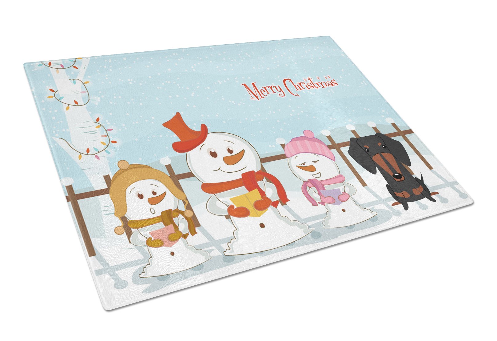Merry Christmas Carolers Dachshund Black Tan Cutting Board Tempered Glass Kitchen Cutting Surface, Heat Resistant Chopping, Non-Slip Feet, Food Prep & Serving