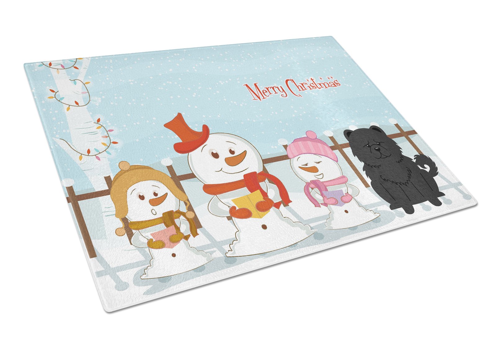 Merry Christmas Carolers Chow Chow Black Cutting Board Tempered Glass Kitchen Cutting Surface, Heat Resistant Chopping, Non-Slip Feet, Food Prep & Serving