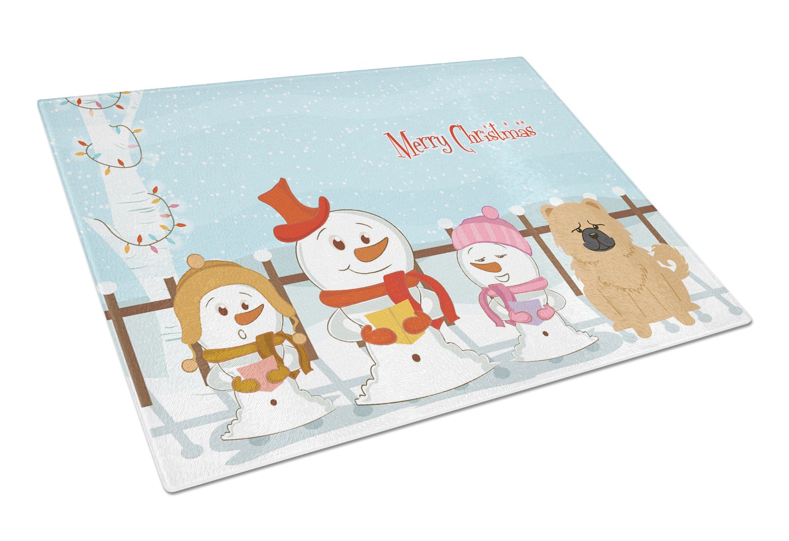 Merry Christmas Carolers Chow Chow Cream Cutting Board Tempered Glass Kitchen Cutting Surface, Heat Resistant Chopping, Non-Slip Feet, Food Prep & Serving