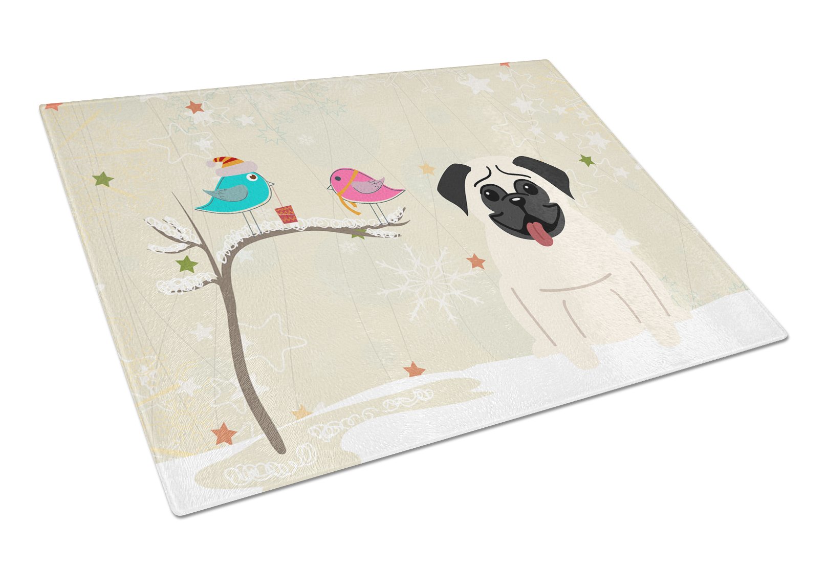 Christmas Presents between Friends Pug - Cream Cutting Board Tempered Glass Kitchen Cutting Surface, Heat Resistant Chopping, Non-Slip Feet, Food Prep & Serving