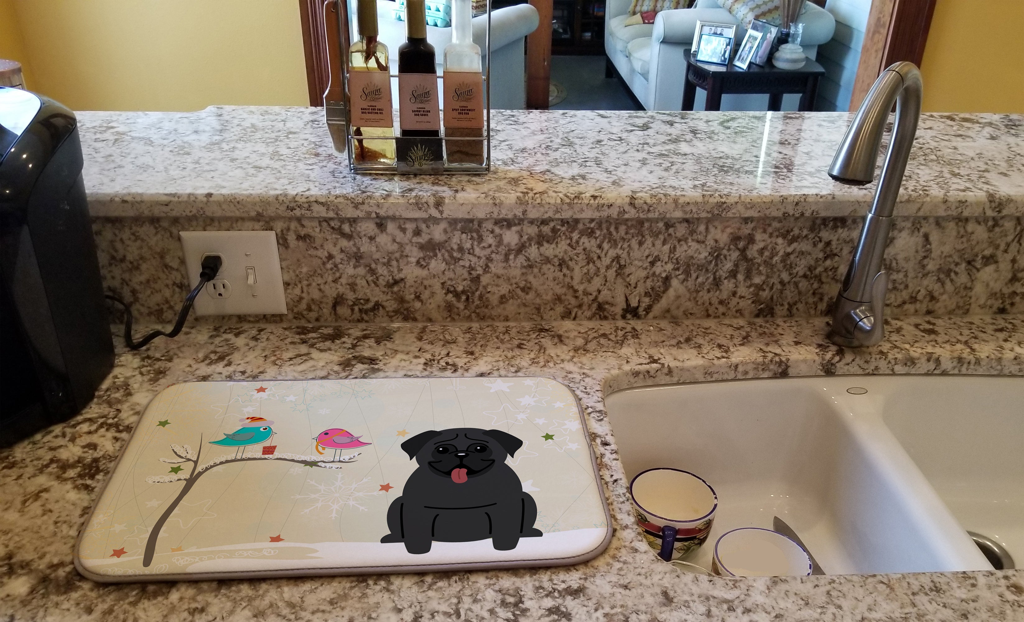 Christmas Presents between Friends Pug - Black Dish Drying Mat Absorbent Dish Drying Mat Pad for Kitchen Counter Dish Drainer Mat for Countertop, 14 x 21", Multicolor