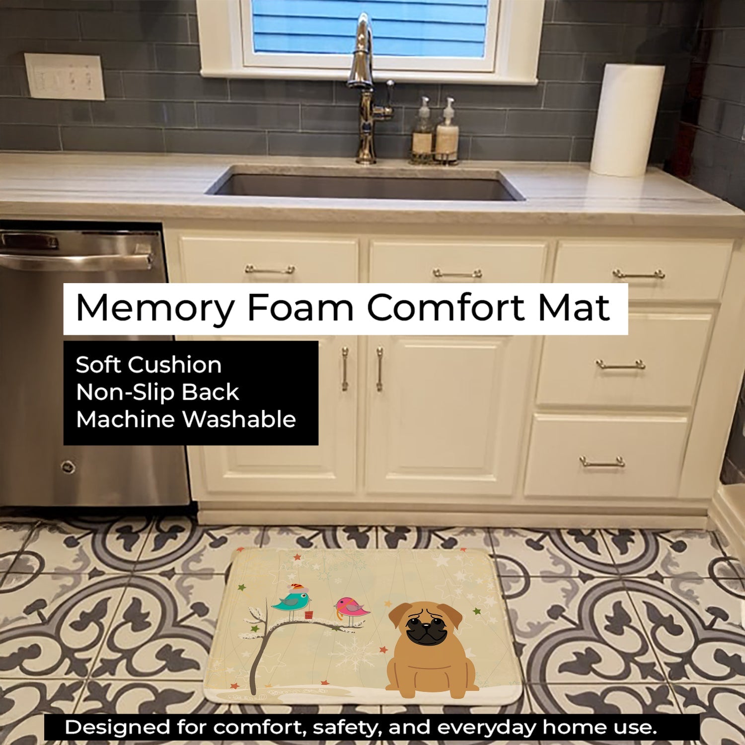 Christmas Presents between Friends Pug - Brown Memory Foam Kitchen Mat Machine Washable Anti-Fatigue Cushion Comfort Bath or Kitchen Rug