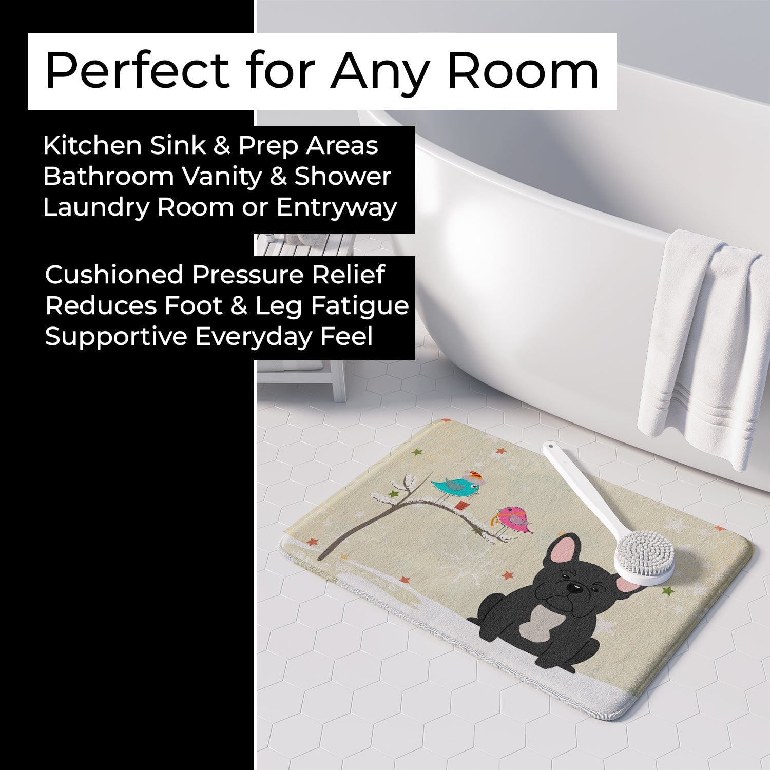 Christmas Presents between Friends French Bulldog - Black Memory Foam Kitchen Mat Machine Washable Anti-Fatigue Cushion Comfort Bath or Kitchen Rug